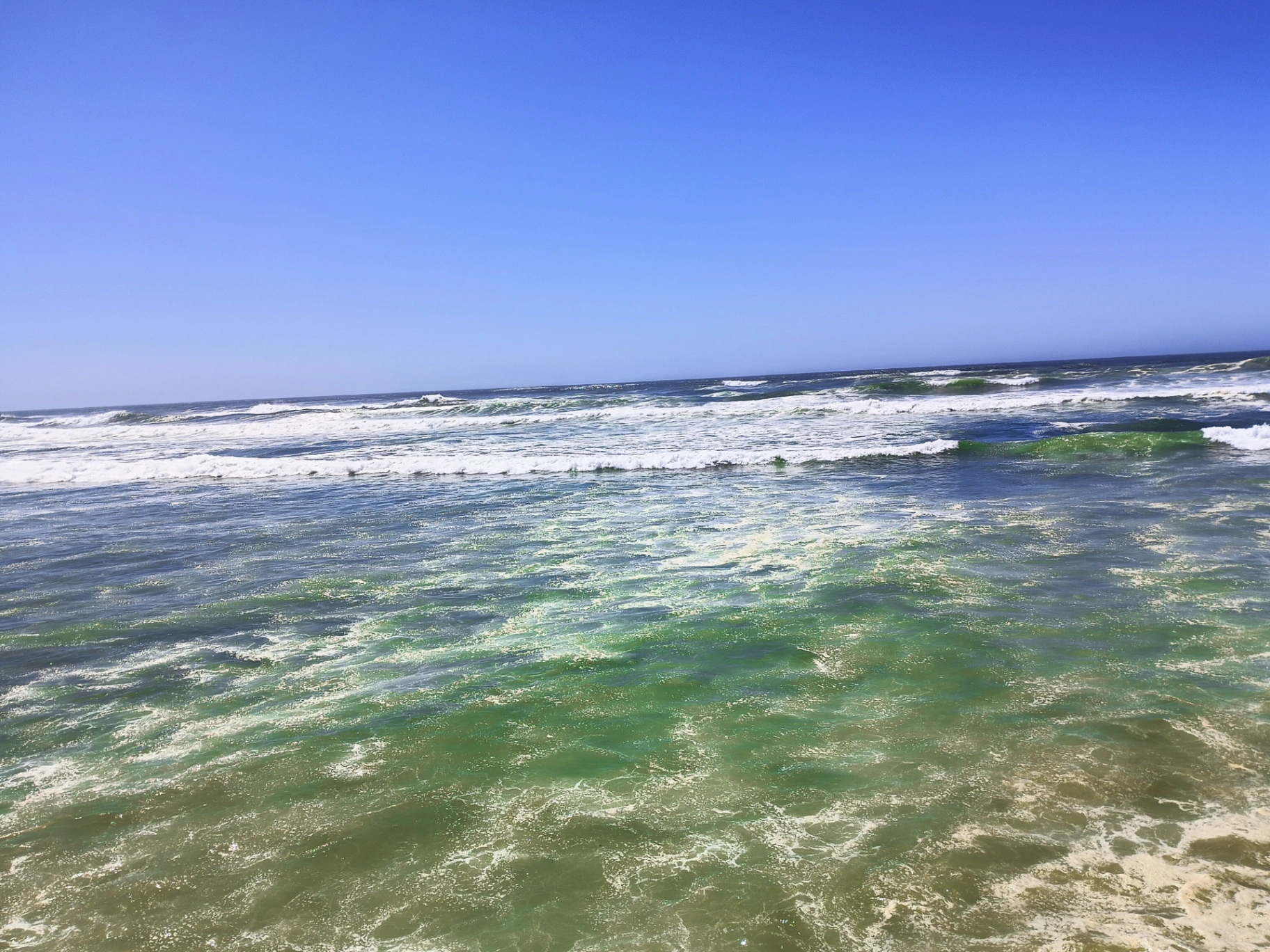 Emerald green Pacific Ocean waves rolling toward shore under a clear blue sky